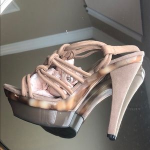 BCBGeneration platform suede nude heels.